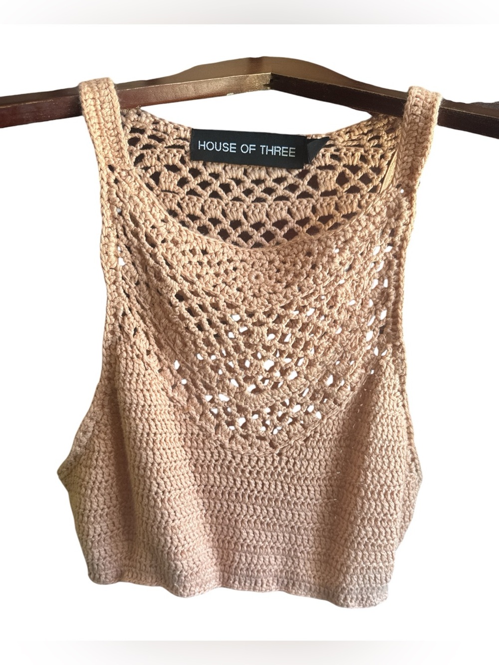 HOUSE OF THREE Women's Beige Crochet Cropped Tank Top Boho Resort Beach Blouse